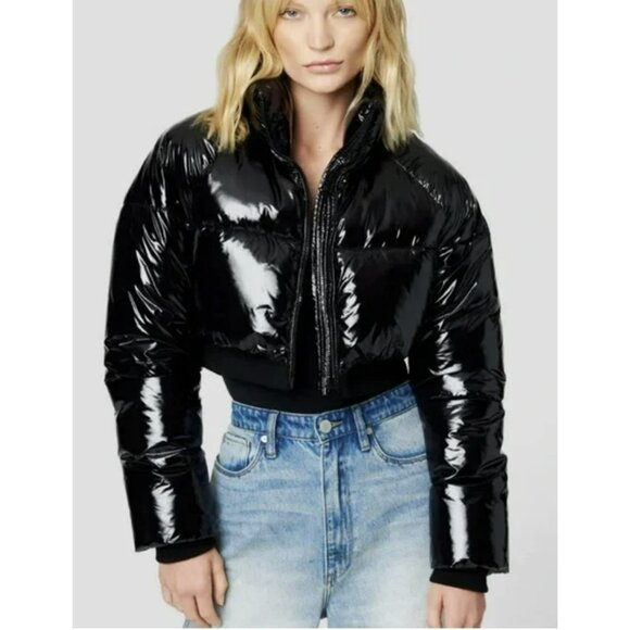 Revolve Blank NYC Jacket Shiny Patent Black Cropped Puffer Large NWT - Picture 5 of 10